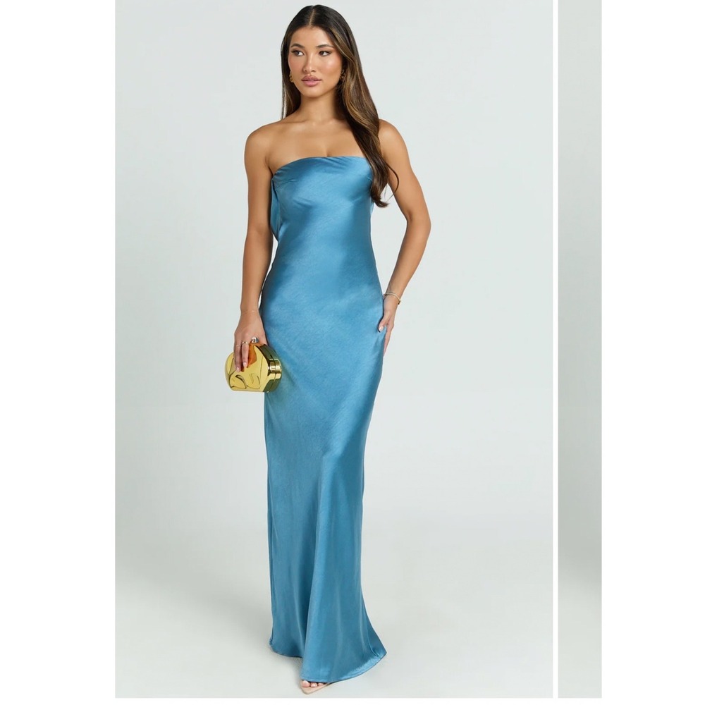 NWT Showpo. Charlita Strapless Cowl Back Satin Maxi Dress Blue Women's Size 10‎